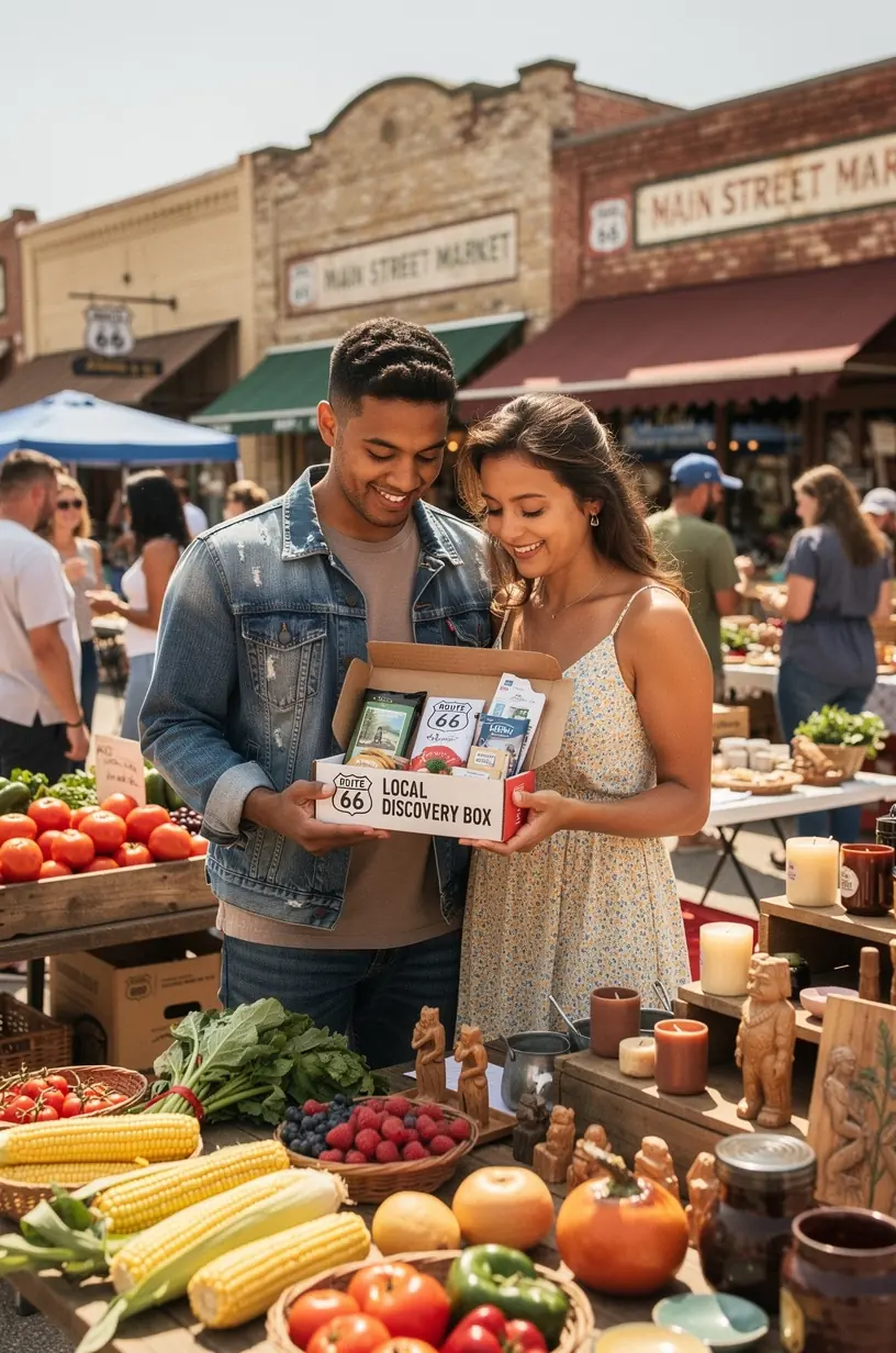 Визуализация маршрута 66 с указателями и советами для планирования путешествия в коробке подписки.
