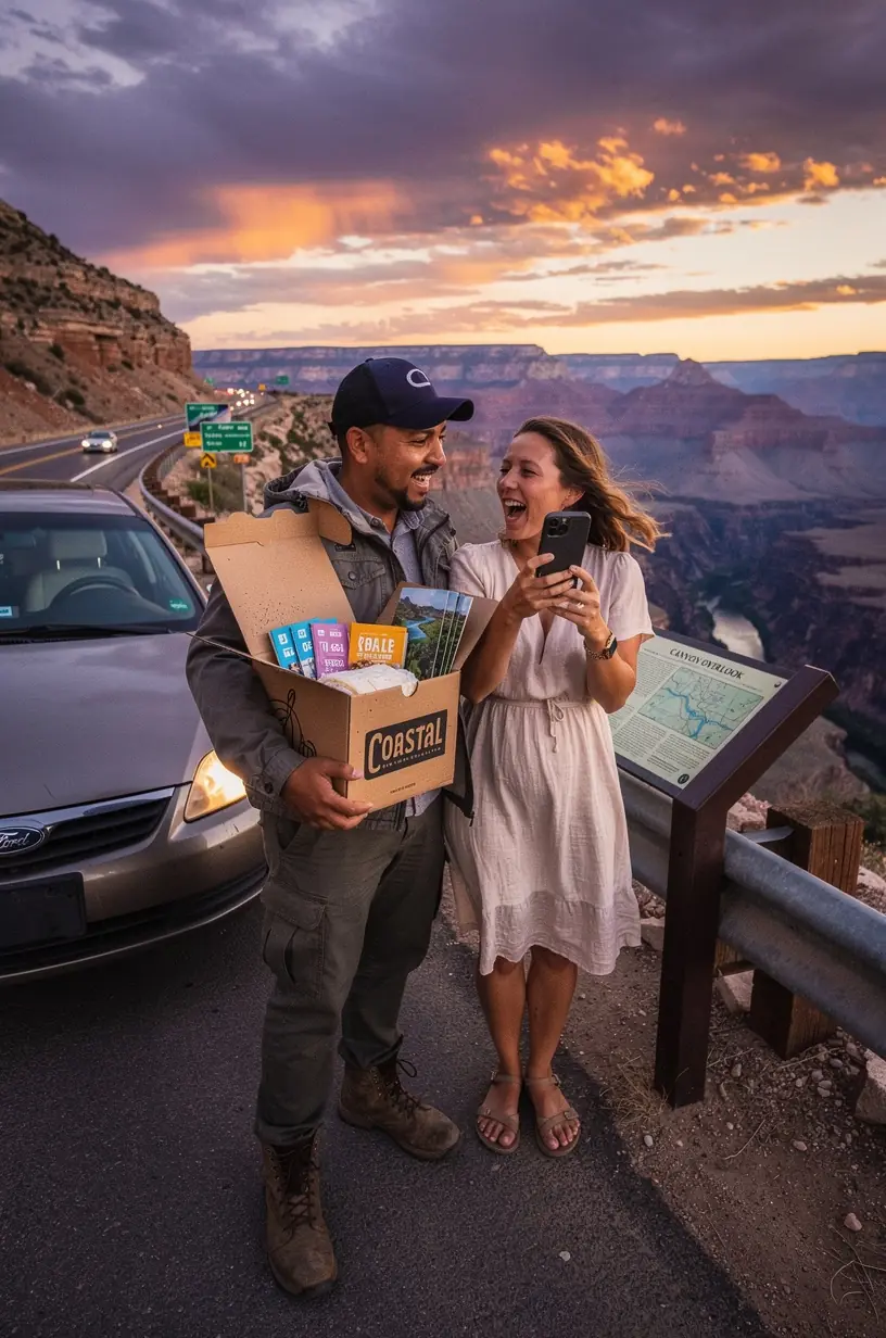 Коробка подписки с тематикой маршрута 66, включающая печатные путеводители и купоны на скидки для путешественников.